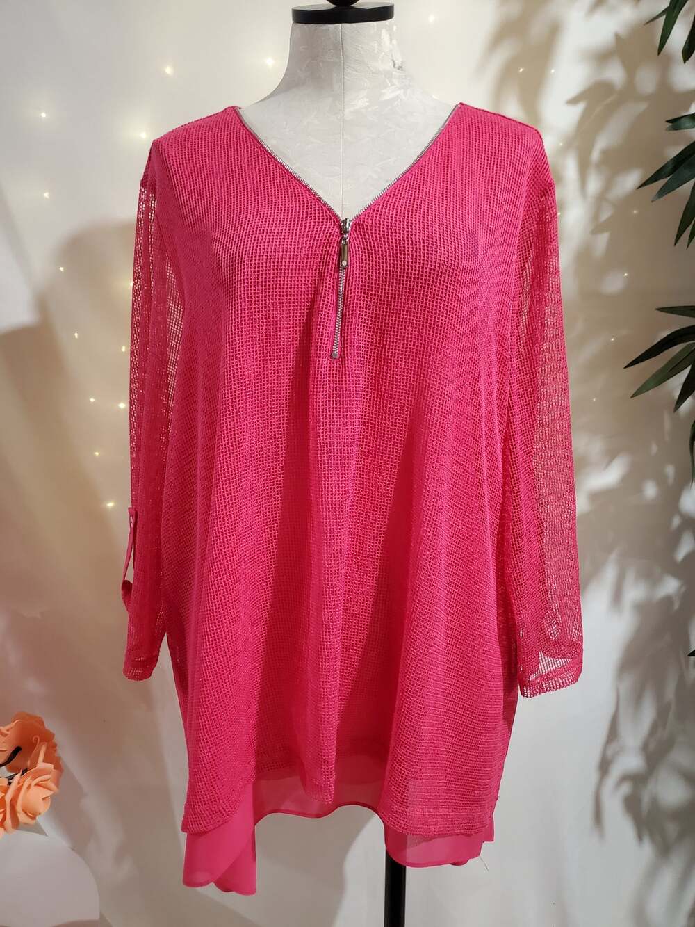 Joseph Ribkoff 1/4 Zip Mesh Overlay Top Plus Size 22 Hot Pink Roll Tab Sleeve